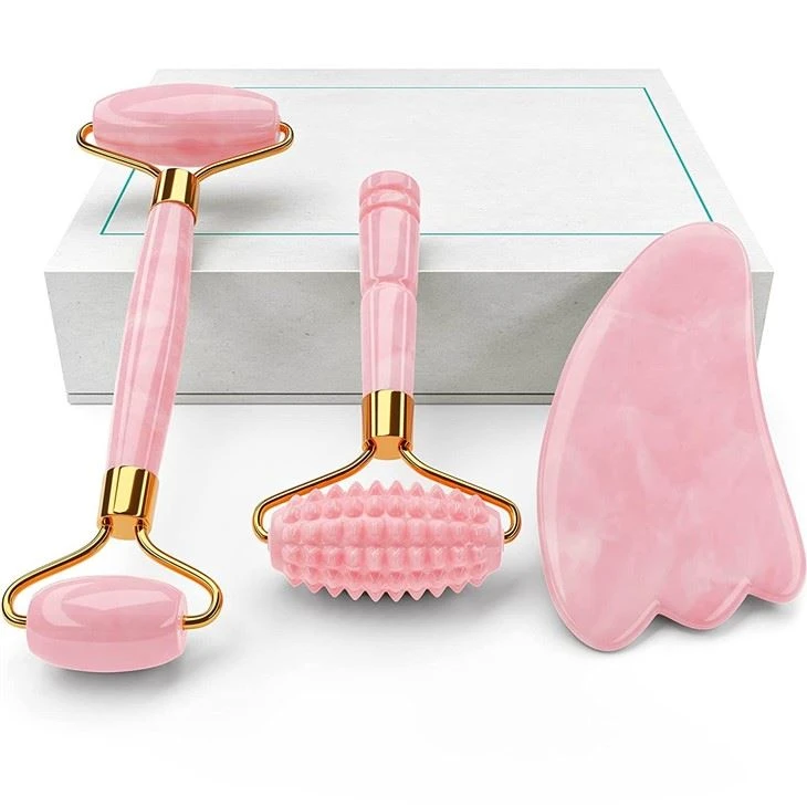 4- -1 Rose Quartz Jade Roller un Gua Sha komplekts