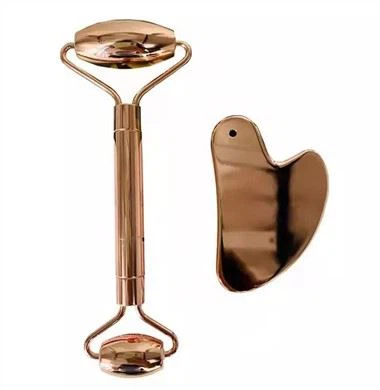 304 nerūsējošā tērauda rozā zelta sejas rullītis un Gua Sha komplekts